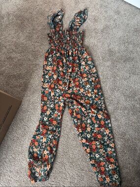 SHEIN Floral Smocked Jumpsuit in Dark Green & Orange maternity